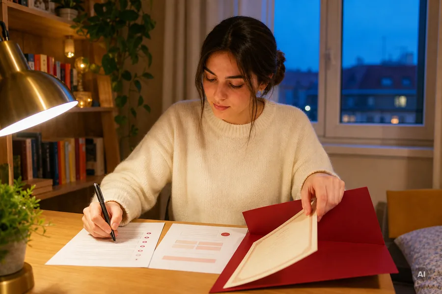 Studentin hakt abends am Schreibtisch ein Merkblatt ab und zieht eine Bescheinigung aus der Mappe