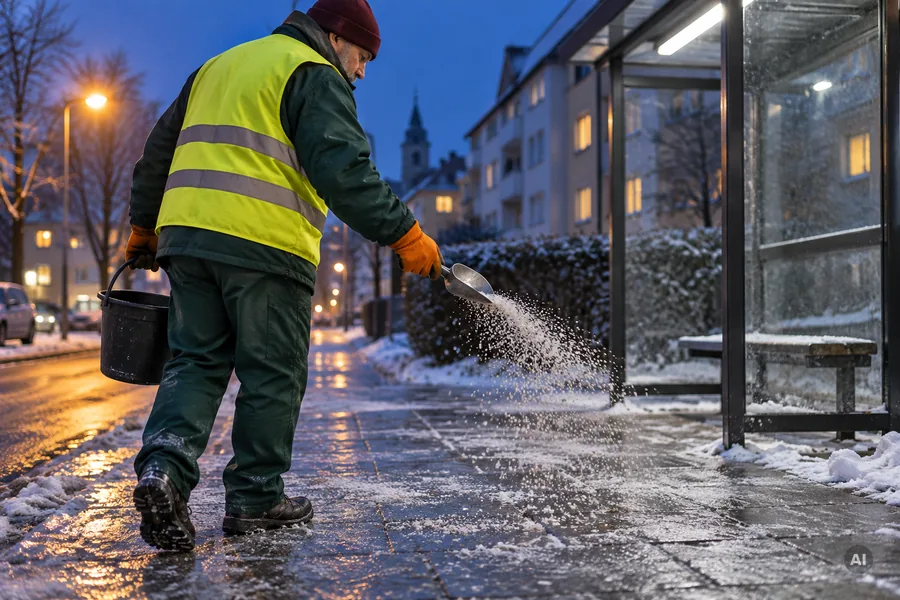 Mitarbeiter eines Winterdienstes in gelber Warnweste streut im Morgengrauen Salz aus einem Eimer auf den vereisten Gehweg neben einer Bushaltestelle