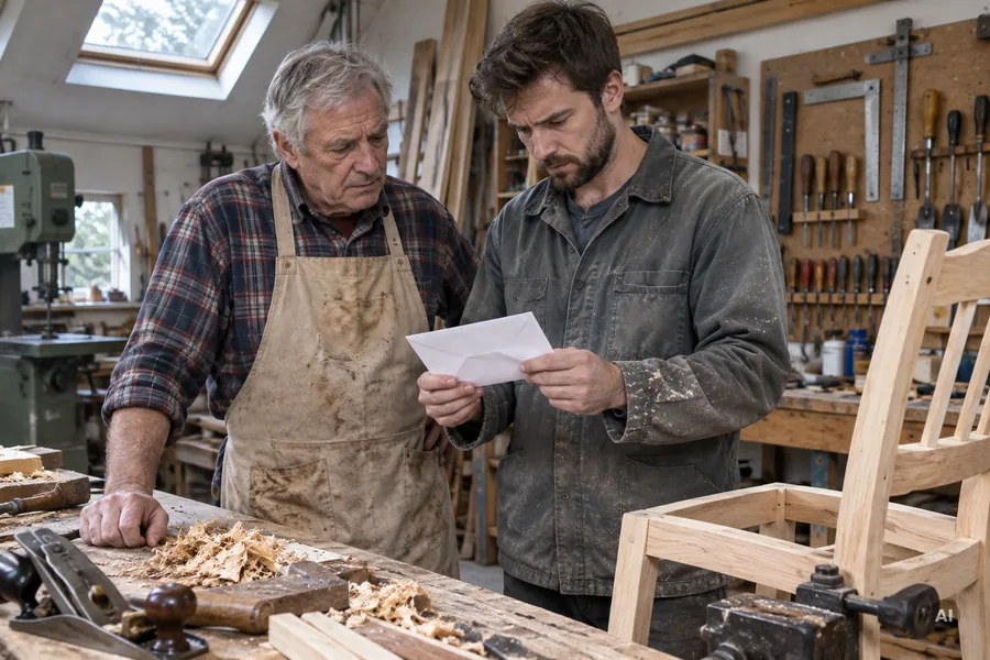 Vater und Sohn in ihrer Werkstatt lesen gemeinsam einen Brief