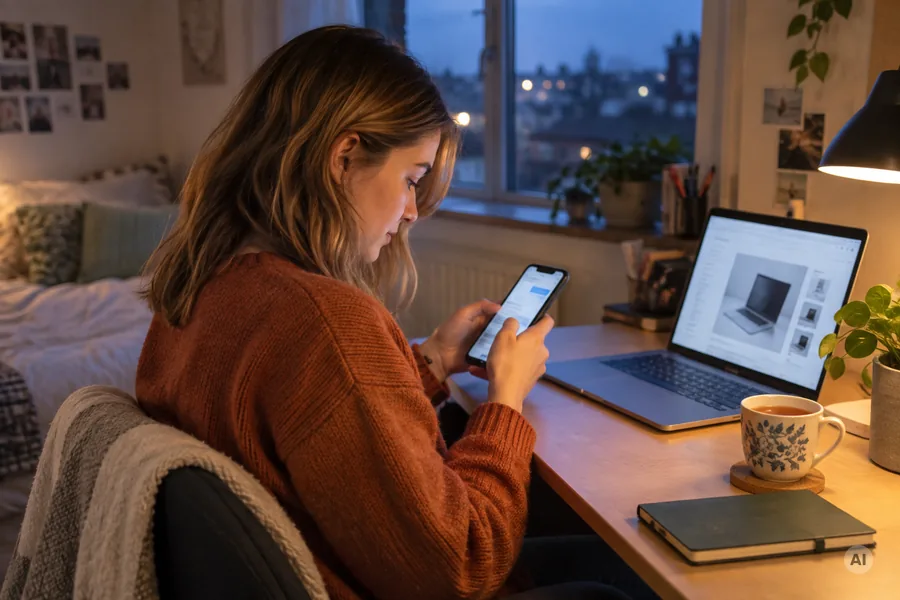 Junge Frau tippt abends am Schreibtisch auf dem Smartphone, daneben ein aufgeklappter Laptop mit einem Verkaufsinserat.