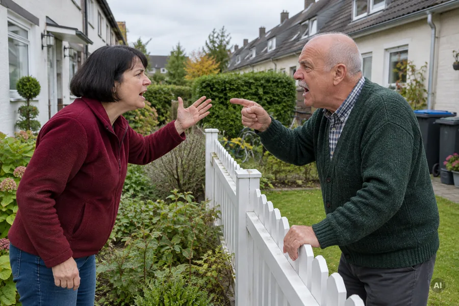 Eine Frau im roten Fleecepullover und ein älterer Mann in grüner Strickjacke schreien sich über einen weißen Gartenzaun in einer Reihenhaussiedlung an