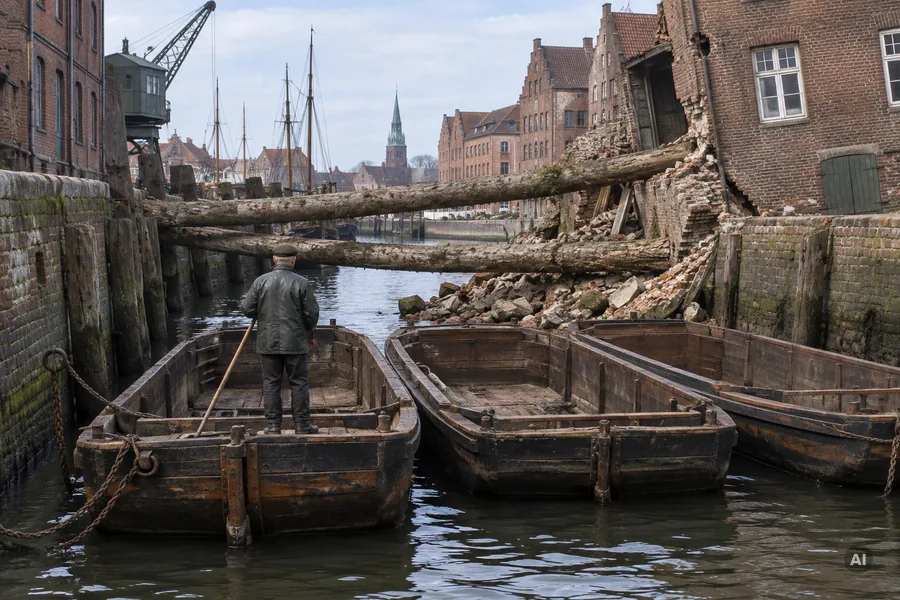 Drei leere hölzerne Lastkähne warten vor zwei Baumstämmen, die quer über einem Kanal liegen und eine eingestürzte Backsteinmauer abstützen, ein Schiffer steht mit Bootshaken auf dem vorderen Kahn