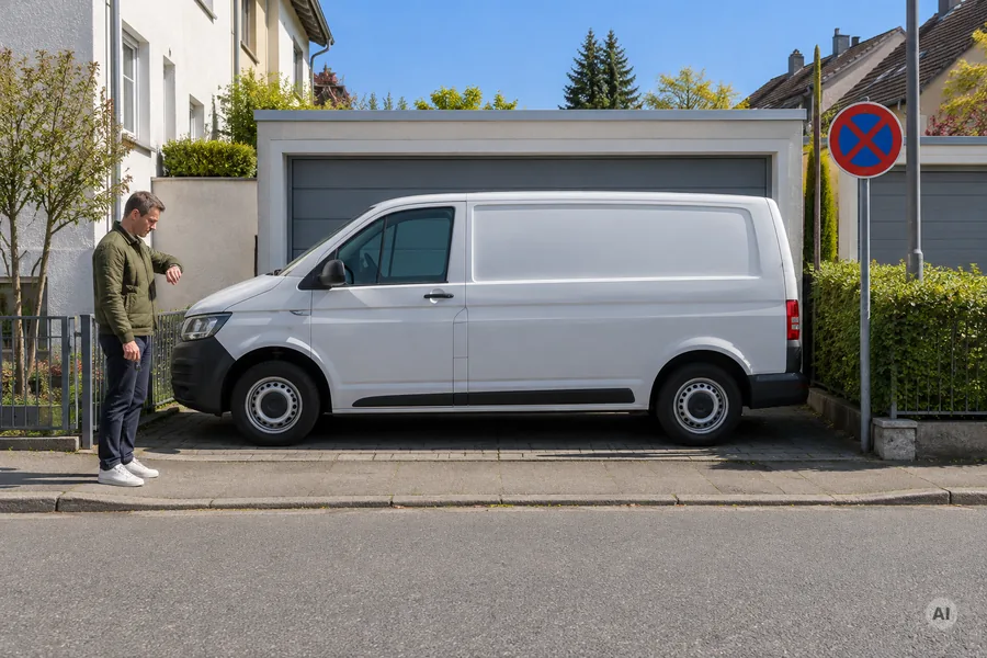 Weißer Transporter parkt direkt vor einem geschlossenen Garagentor neben einem Halteverbotsschild, ein Mann steht daneben und schaut ungeduldig auf seine Armbanduhr