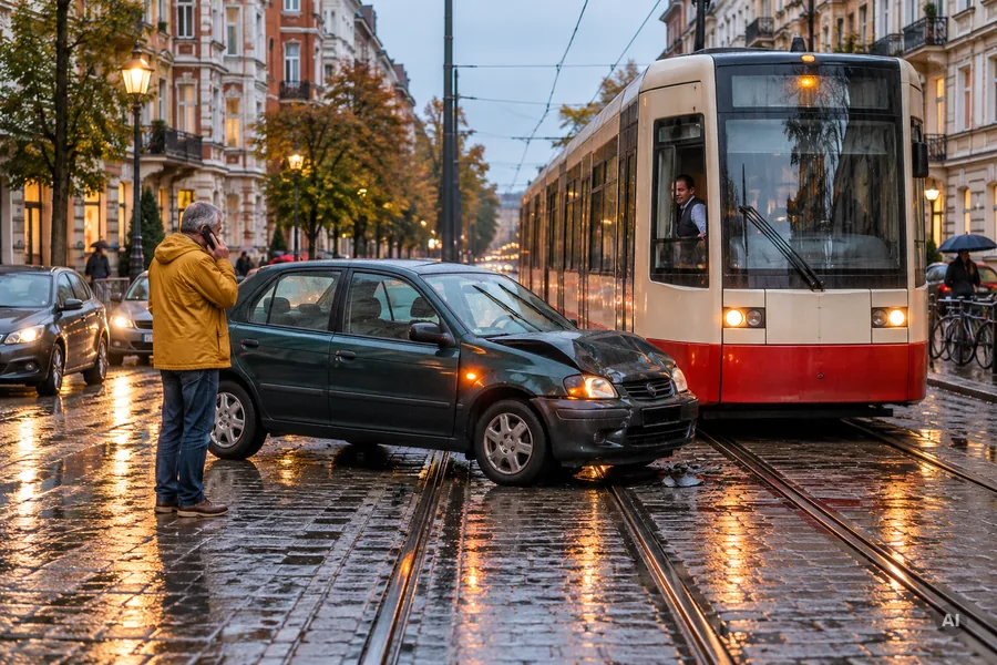 Straßenbahn steht auf regennasser Altbaustraße hinter einem beschädigten Kleinwagen mit Warnblinklicht, der quer auf den Gleisen steht, der Autofahrer telefoniert daneben
