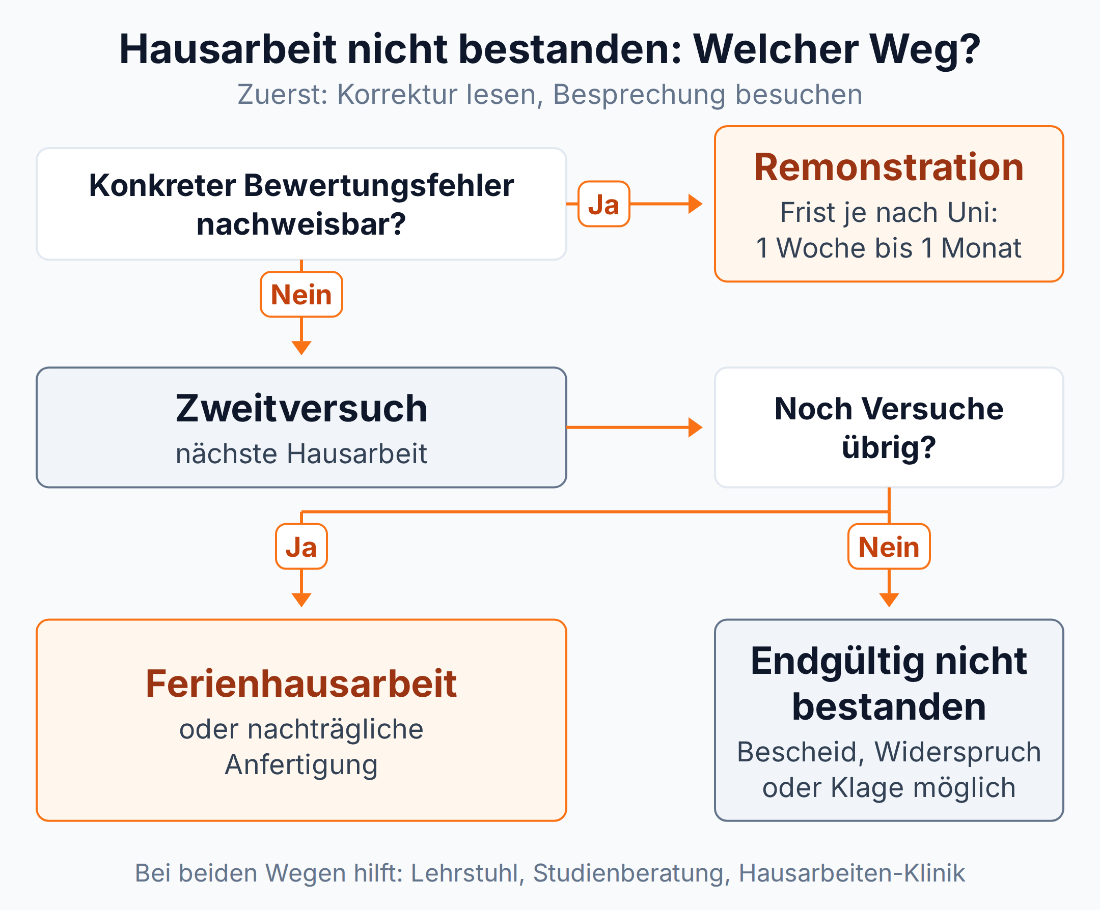 Entscheidungsbaum: Bei nachweisbarem Bewertungsfehler Remonstration einlegen, sonst Zweitversuch mit der nächsten Hausarbeit, solange Versuche übrig sind