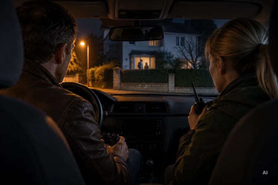Zwei Zivilbeamte sitzen nachts in einem dunklen Auto und beobachten ein Haus