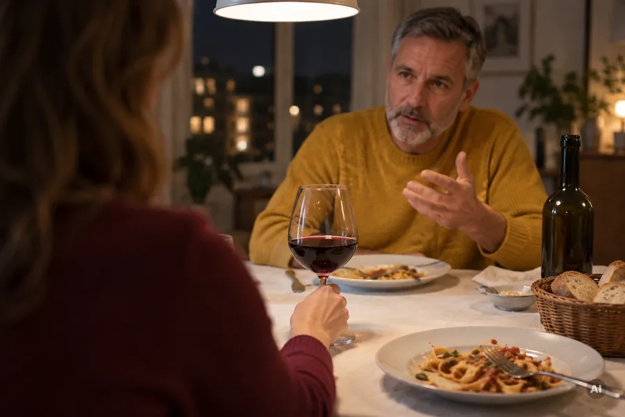 Beim Abendessen hält eine Hand ein volles Rotweinglas einem redenden Mann hin