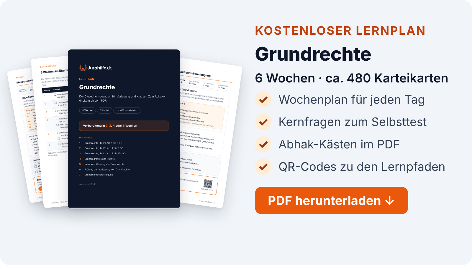 Lernplan-Heft Grundrechte: 6 Wochen, ca. 480 Karteikarten, Wochenplan, Kernfragen und Abhak-Kästen