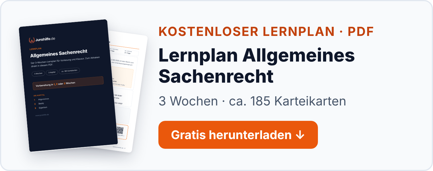 Banner: kostenloser Lernplan Allgemeines Sachenrecht als PDF, 3 Wochen mit ca. 185 Karteikarten