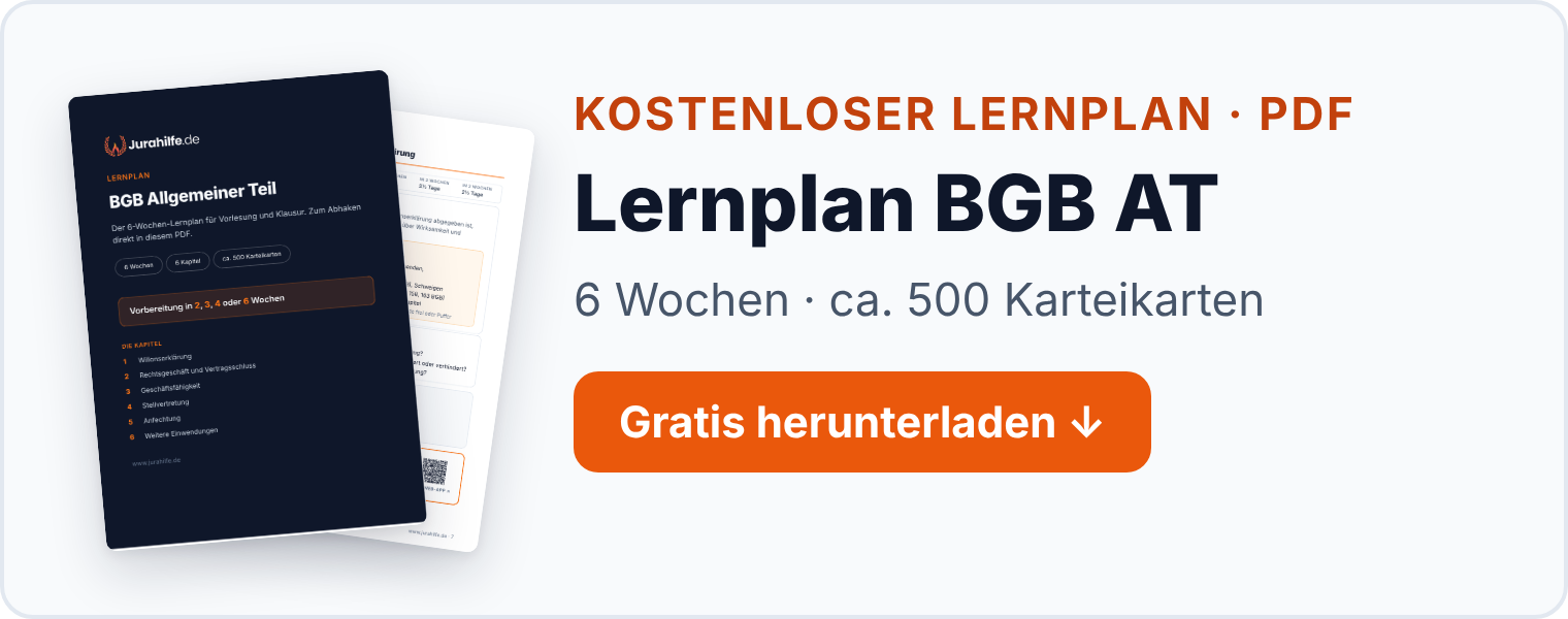 Banner: kostenloser Lernplan BGB AT als PDF, 6 Wochen mit ca. 500 Karteikarten, mit Heft-Cover