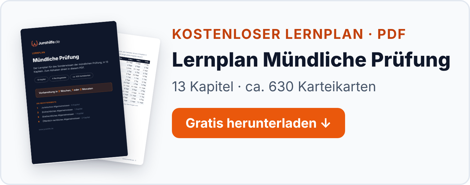 Banner: kostenloser Lernplan Mündliche Prüfung als PDF, 13 Kapitel mit ca. 630 Karteikarten