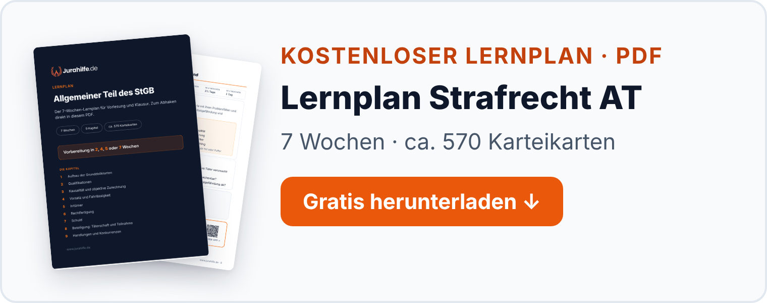 Banner: kostenloser Lernplan Strafrecht AT als PDF, 7 Wochen mit ca. 570 Karteikarten, mit Heft-Cover