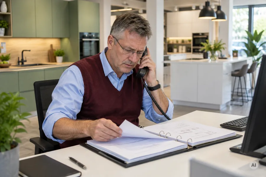 Mitarbeiter eines Küchenstudios telefoniert am Schreibtisch und blättert in einer Auftragsmappe, im Hintergrund Ausstellungsküchen
