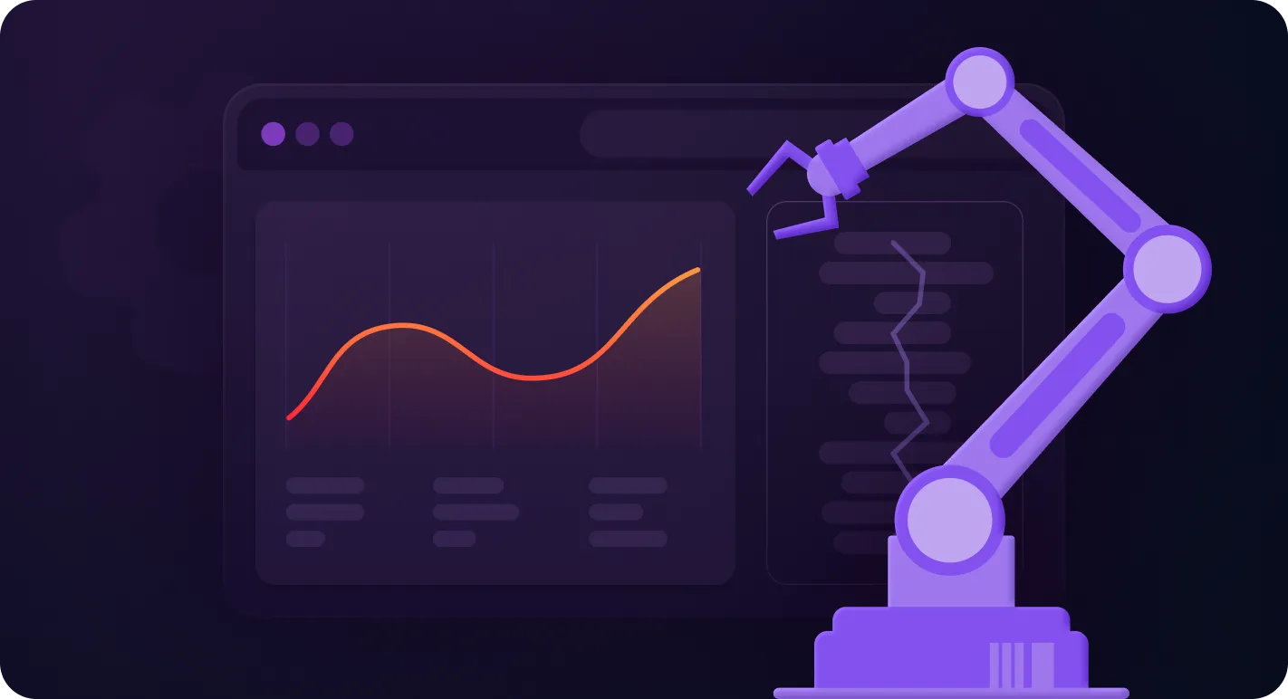 A purple robot is standing next to a computer screen.