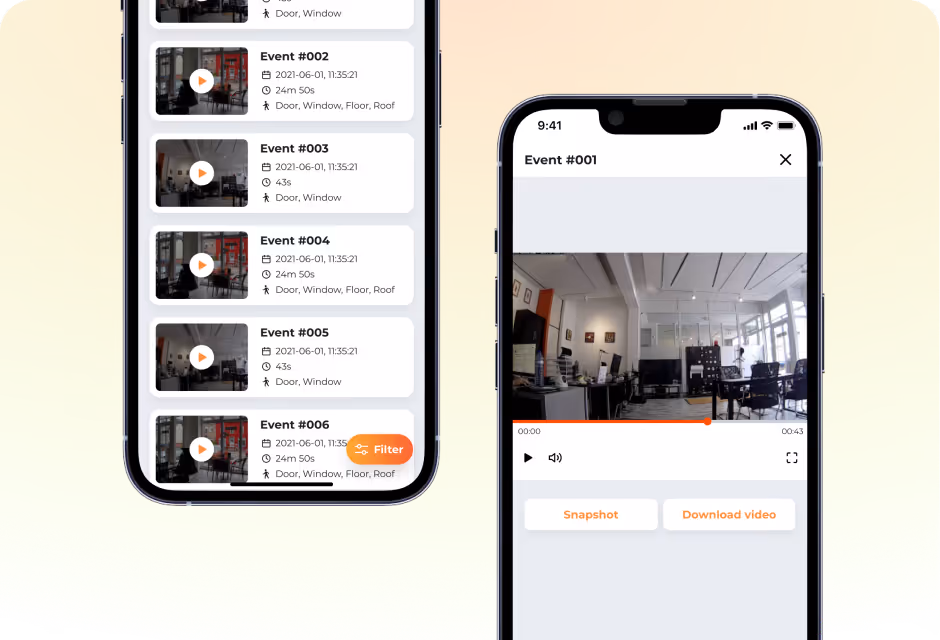 Two smartphones displaying a video of a living room.