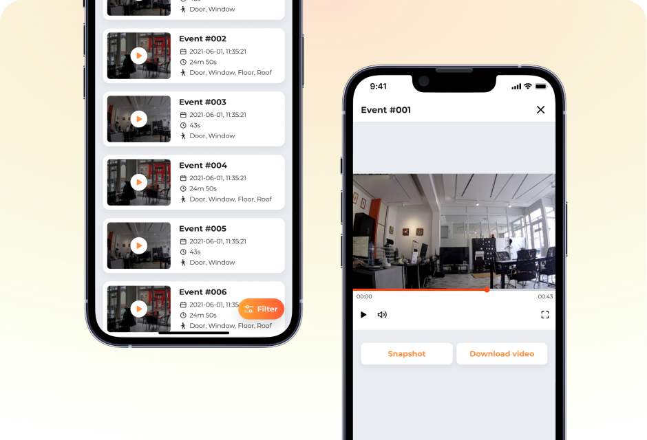 Two smartphones displaying a video of a living room.