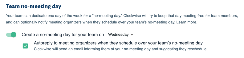 Team no meeting day in Clockwise settings