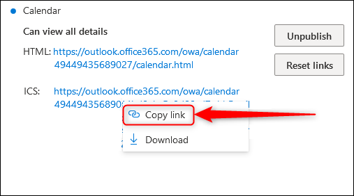 copy link for outlook calendar