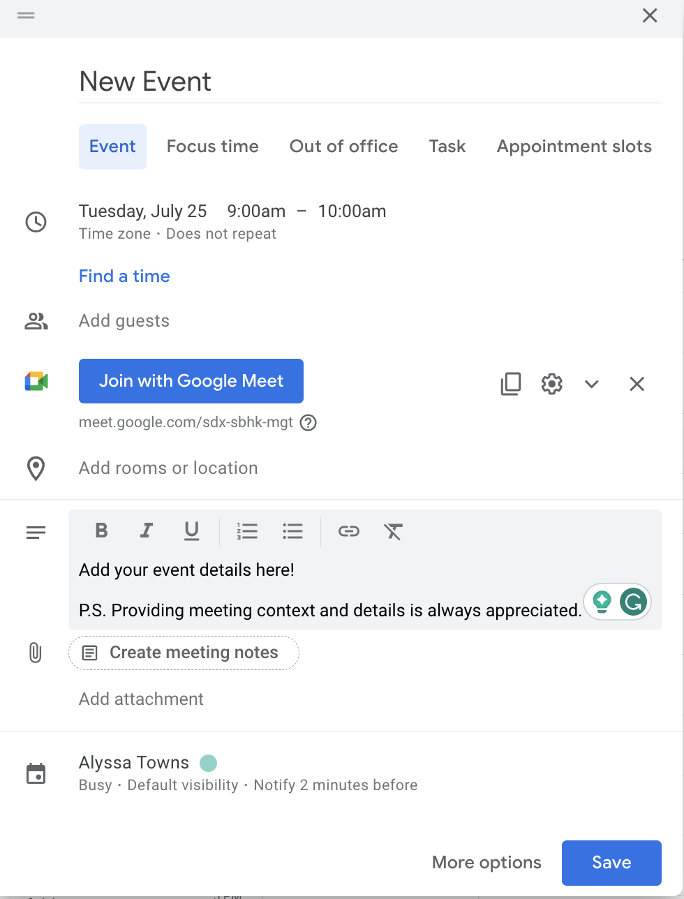 create an event in google calendar