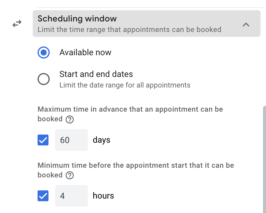 choose scheduling window n google appointment