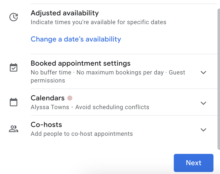 change date availability in google appointments