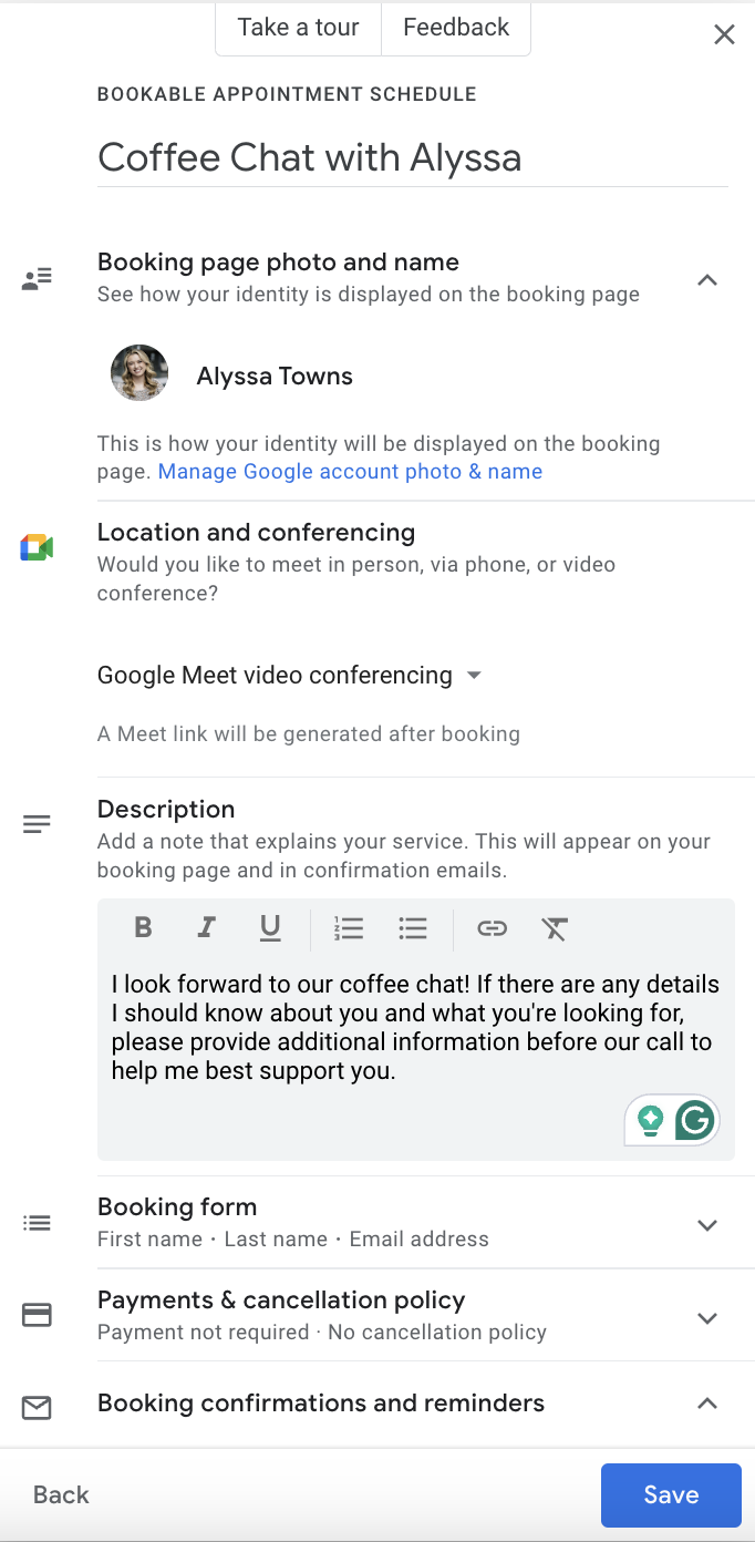 create a booking page in google appointments