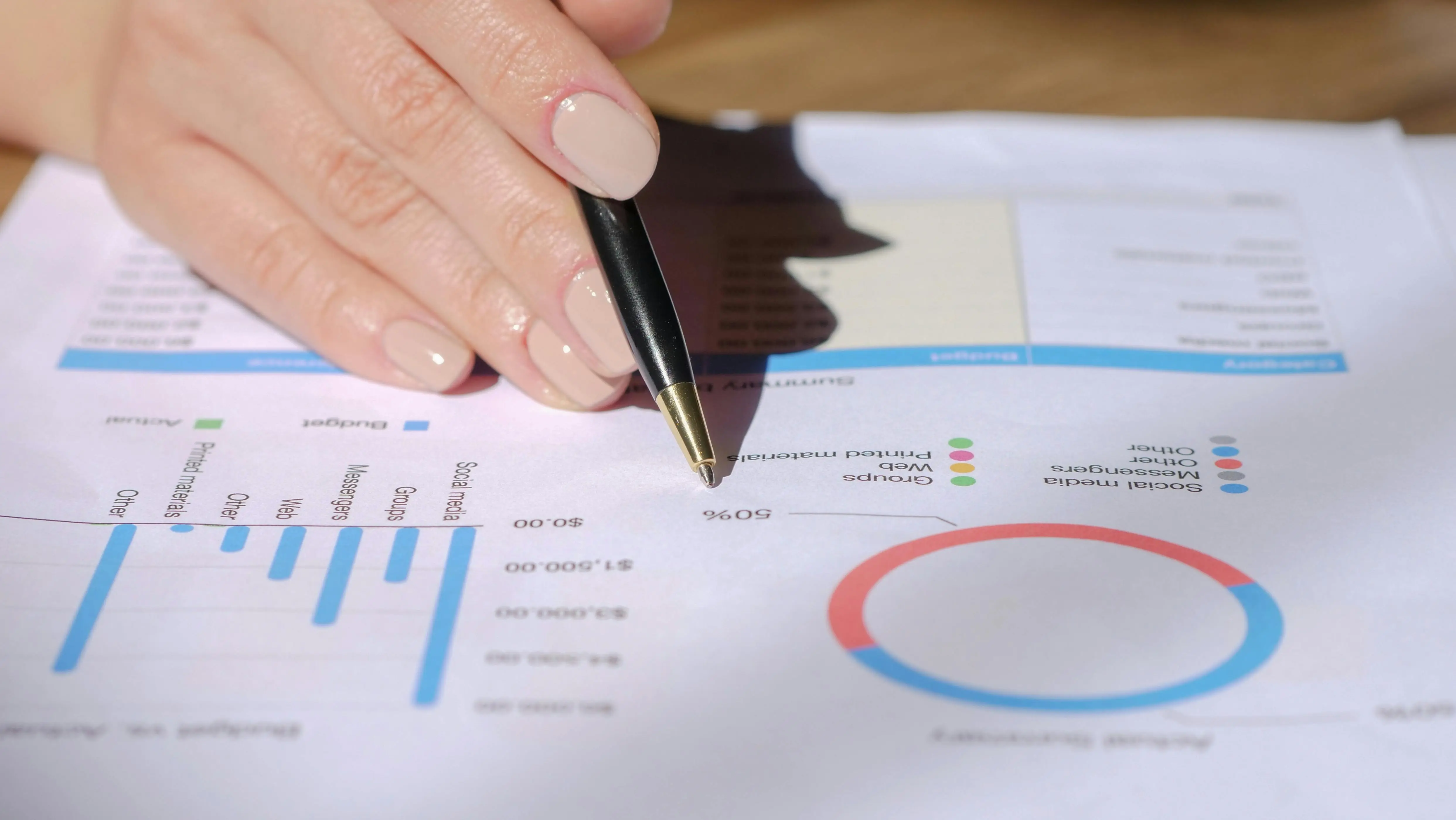 A hand with a pen pointing at charts and figures