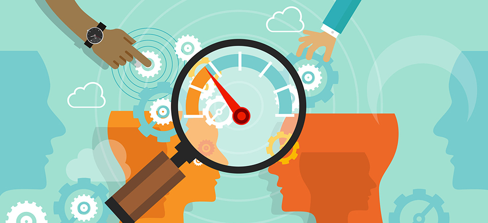 magnifying glass with compass, hands, and cogs