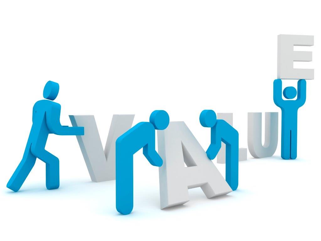 Stick figures preparing the word "value"