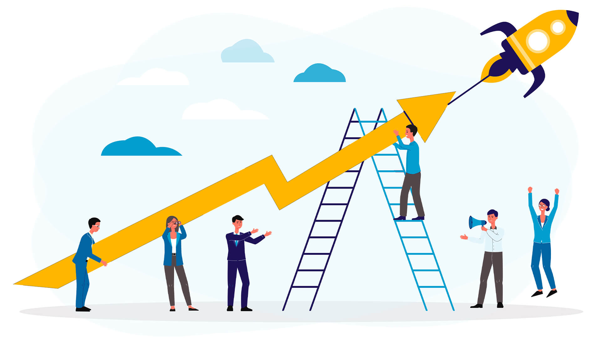 Arrow pointing upwards with people and a rocket