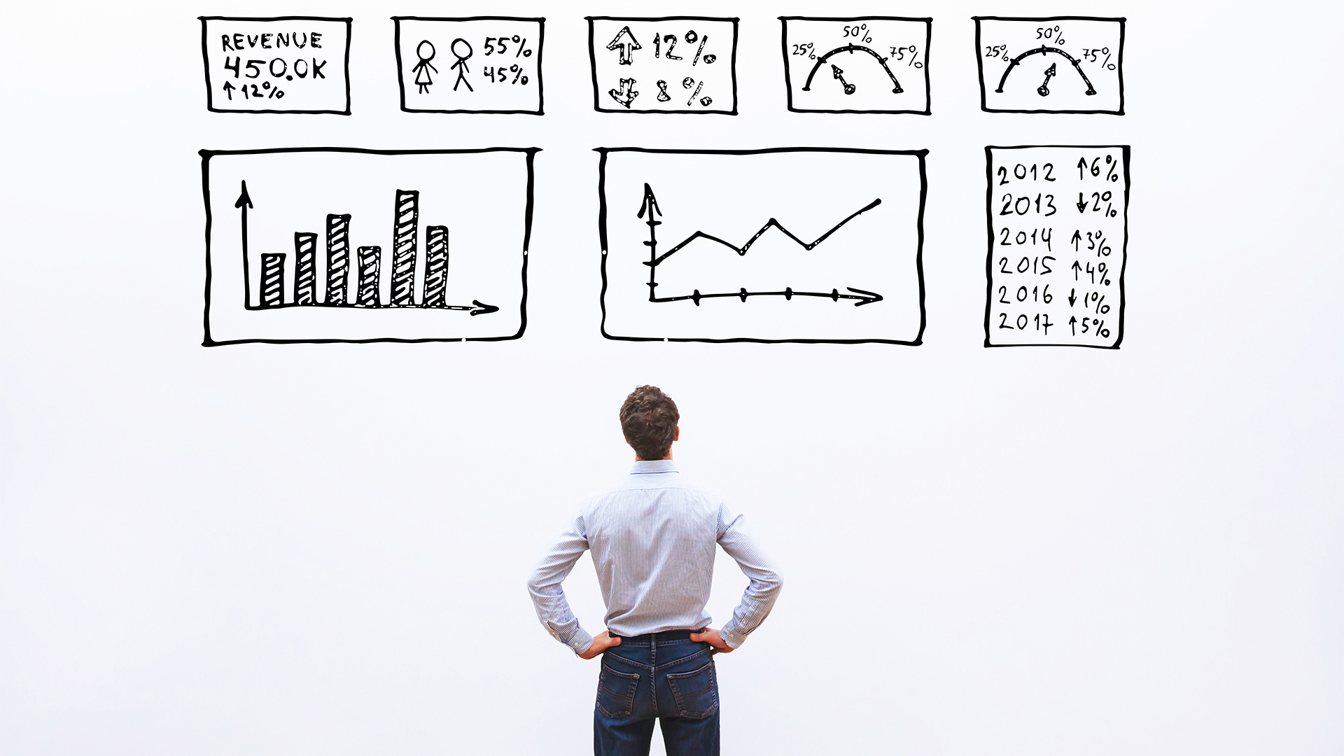 Man looking at white board with benchmark