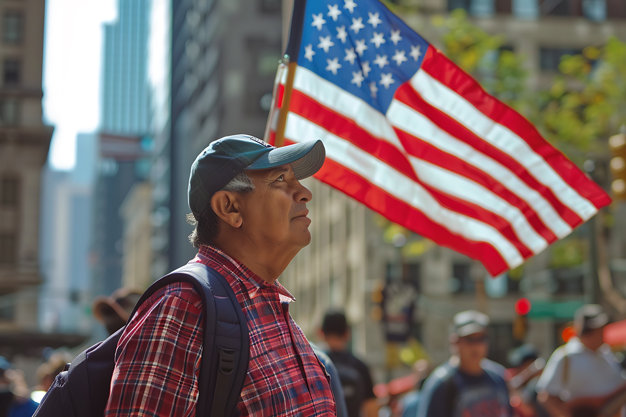 worker walking with american flag in background