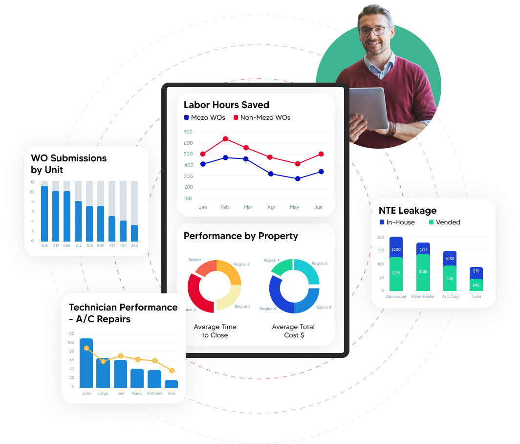 A man wearing a black suit and tie with a white shirt poses for a professional headshot. There are circles framing him. 