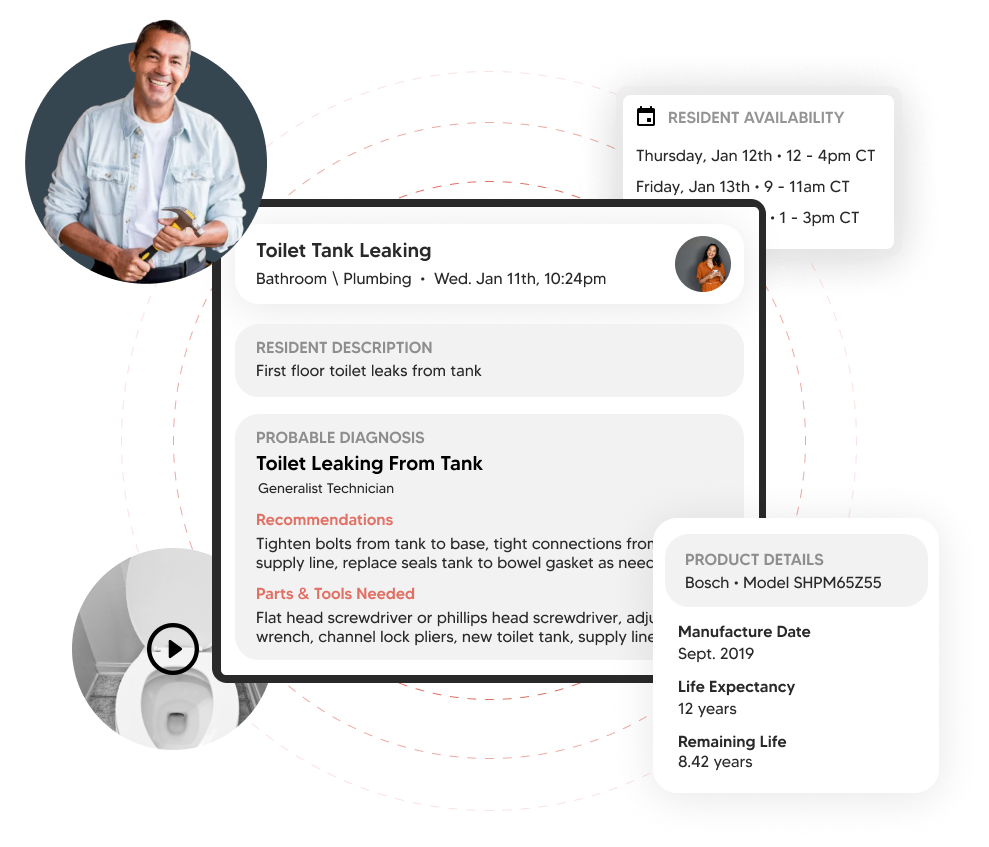 A man wearing a black suit and tie with a white shirt poses for a professional headshot. There are circles framing him. 