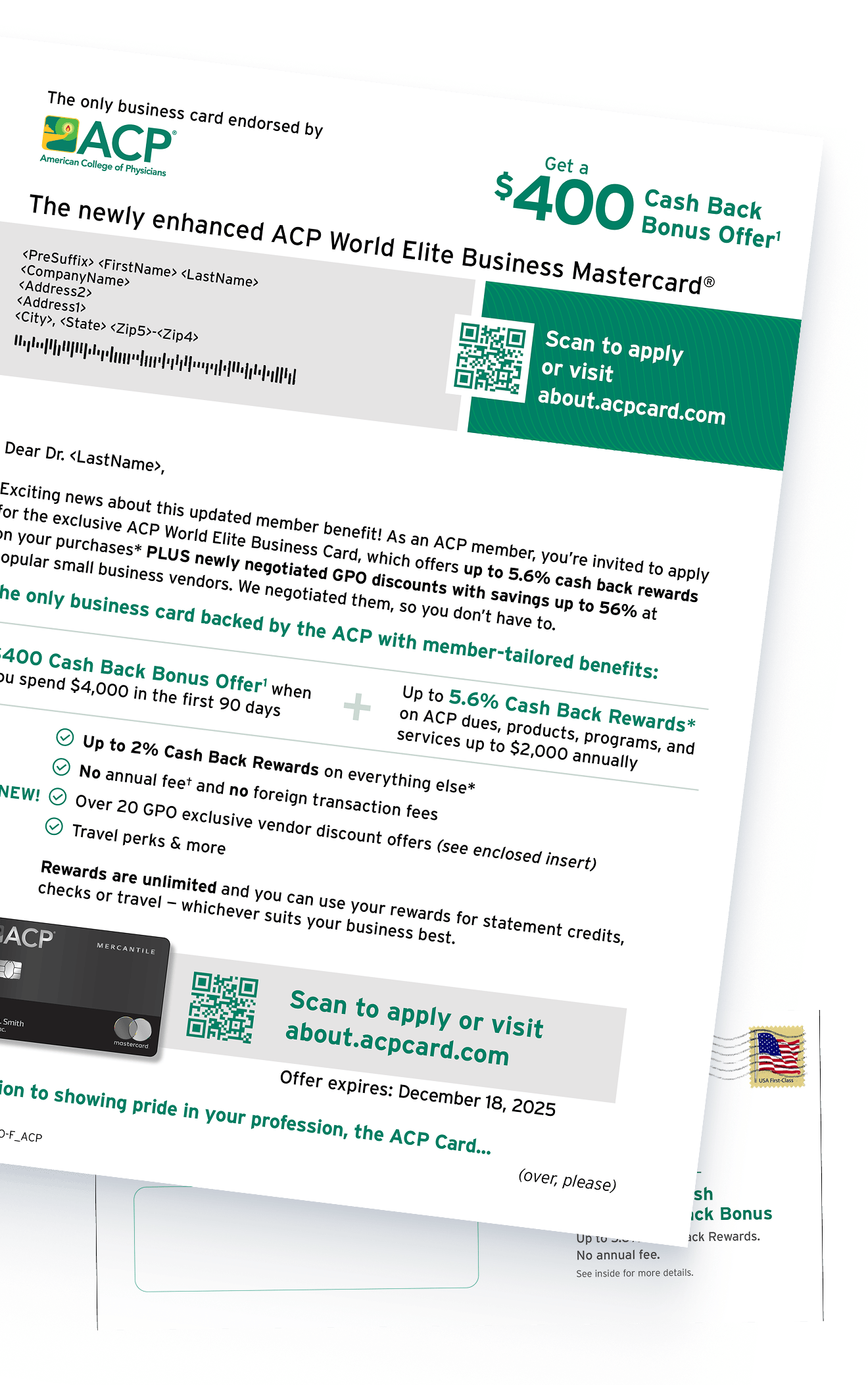 Sample physical mail demonstrating direct mail marketing for the ACP World Elite Business Card.