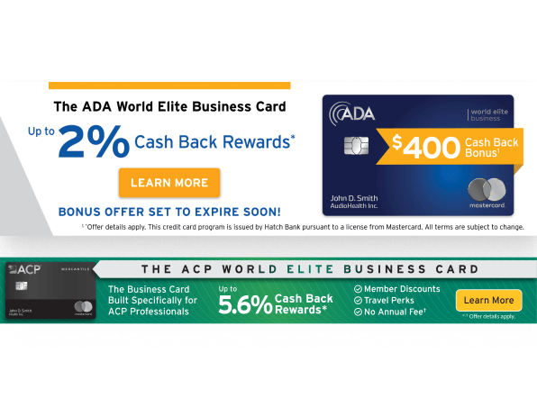 Side-by-side web ads for ADA World Elite Business Card and ACP World Elite Business Card.