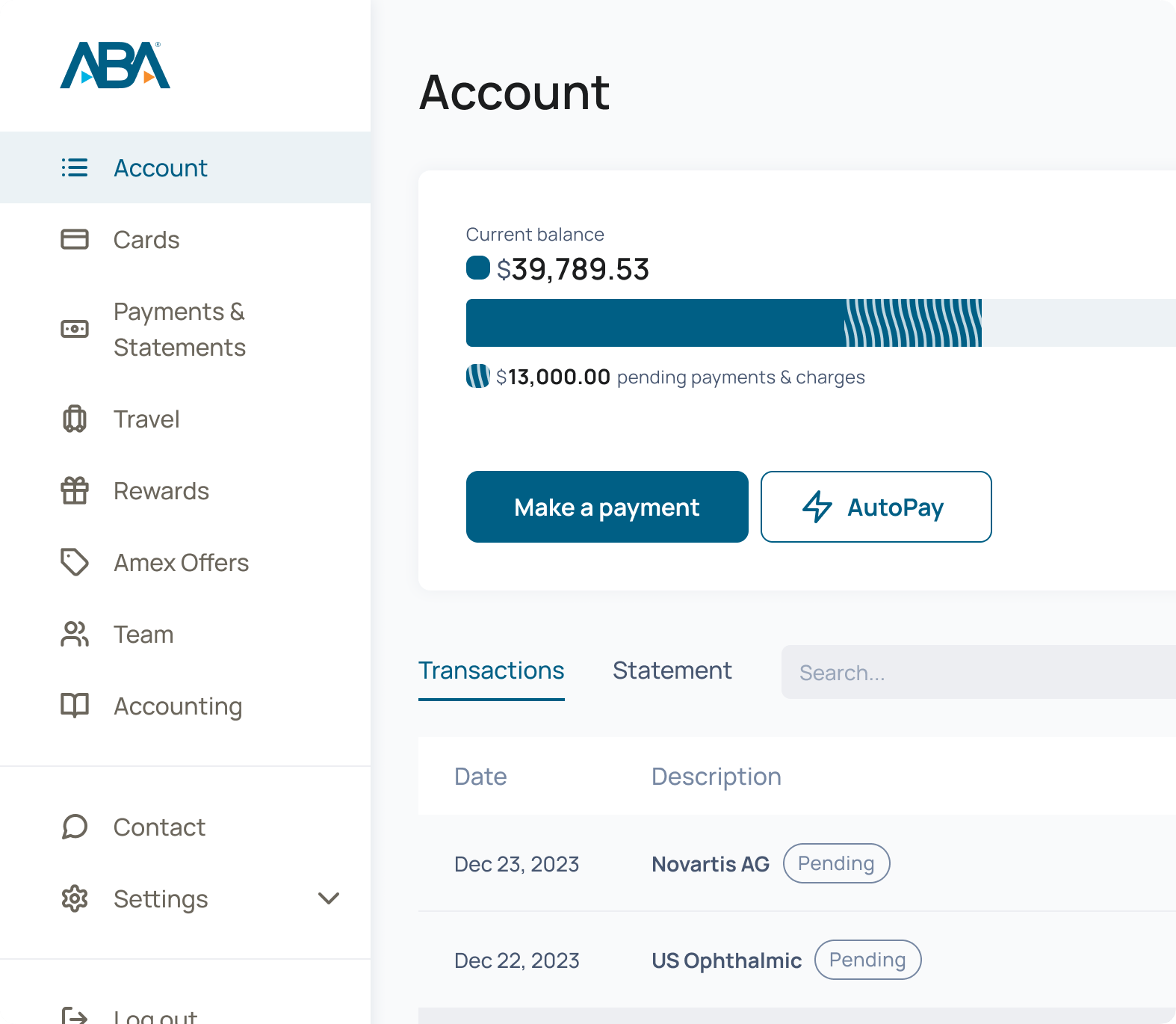 Preview of the Mercantiles Online Portal customized for cardholders, featuring ABA color branding.