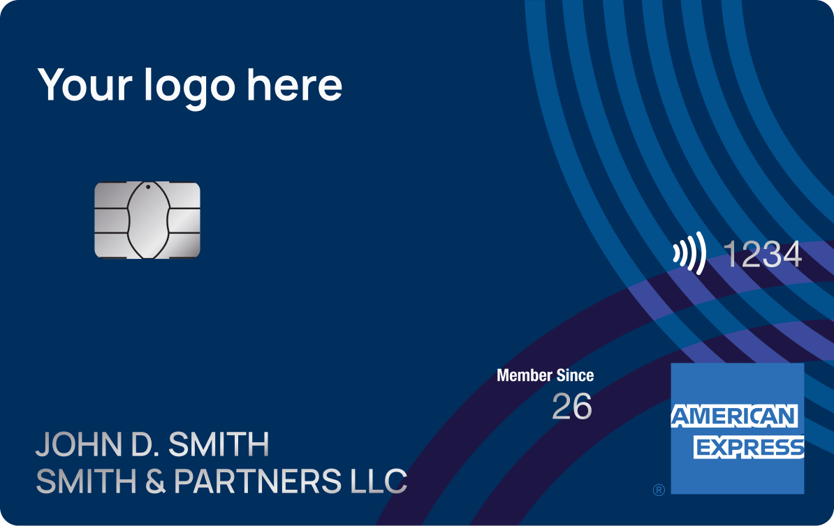 Blue Mercantile American Express Card with placeholder "Your logo here" in the top left corner.