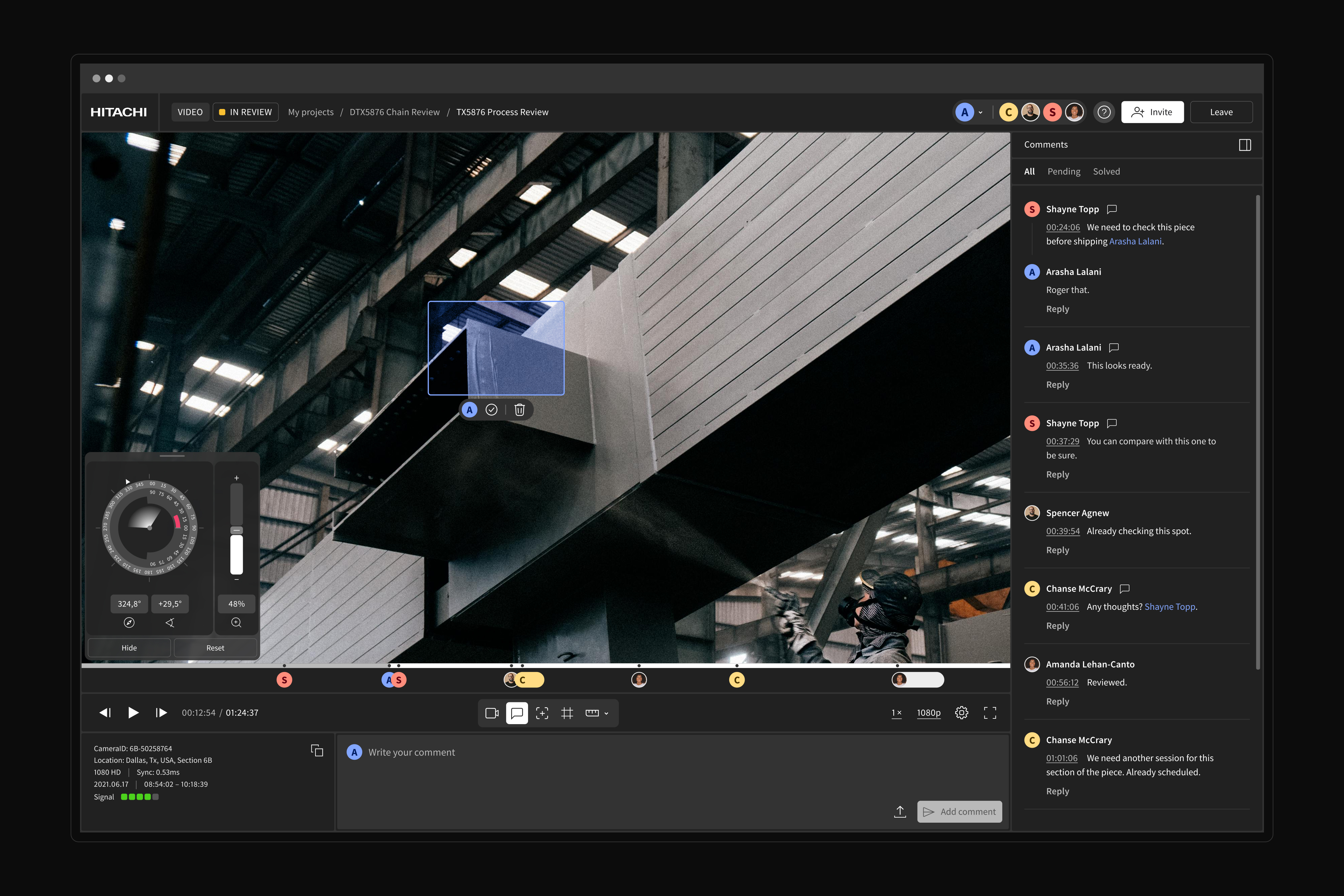 Video review interface showing a close-up of a large industrial metal structure inside a factory with comments and annotation tools on the right side.