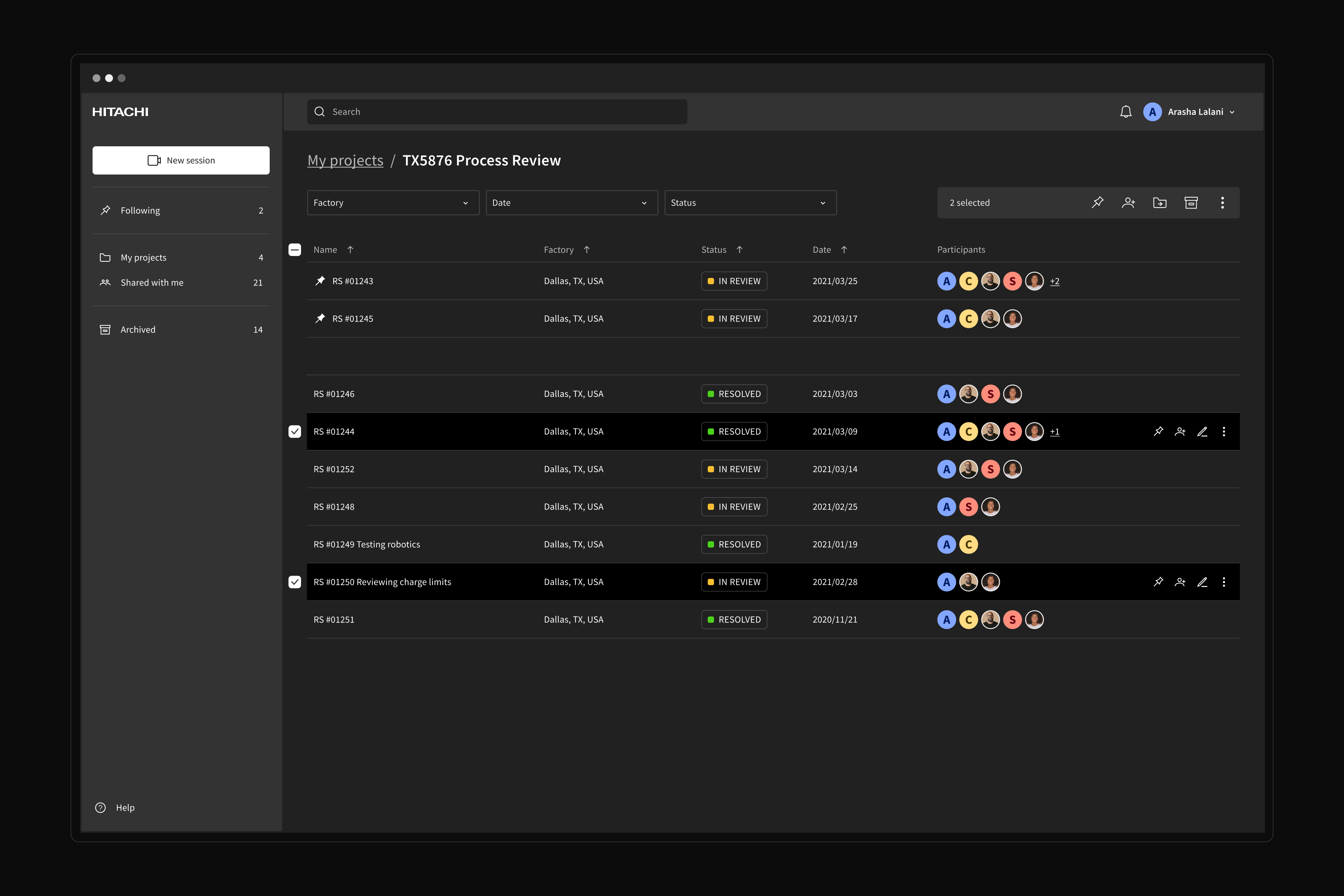 Dark-themed project management dashboard from Hitachi showing TX5876 Process Review with table listing project names, locations, statuses, dates, and participant avatars.