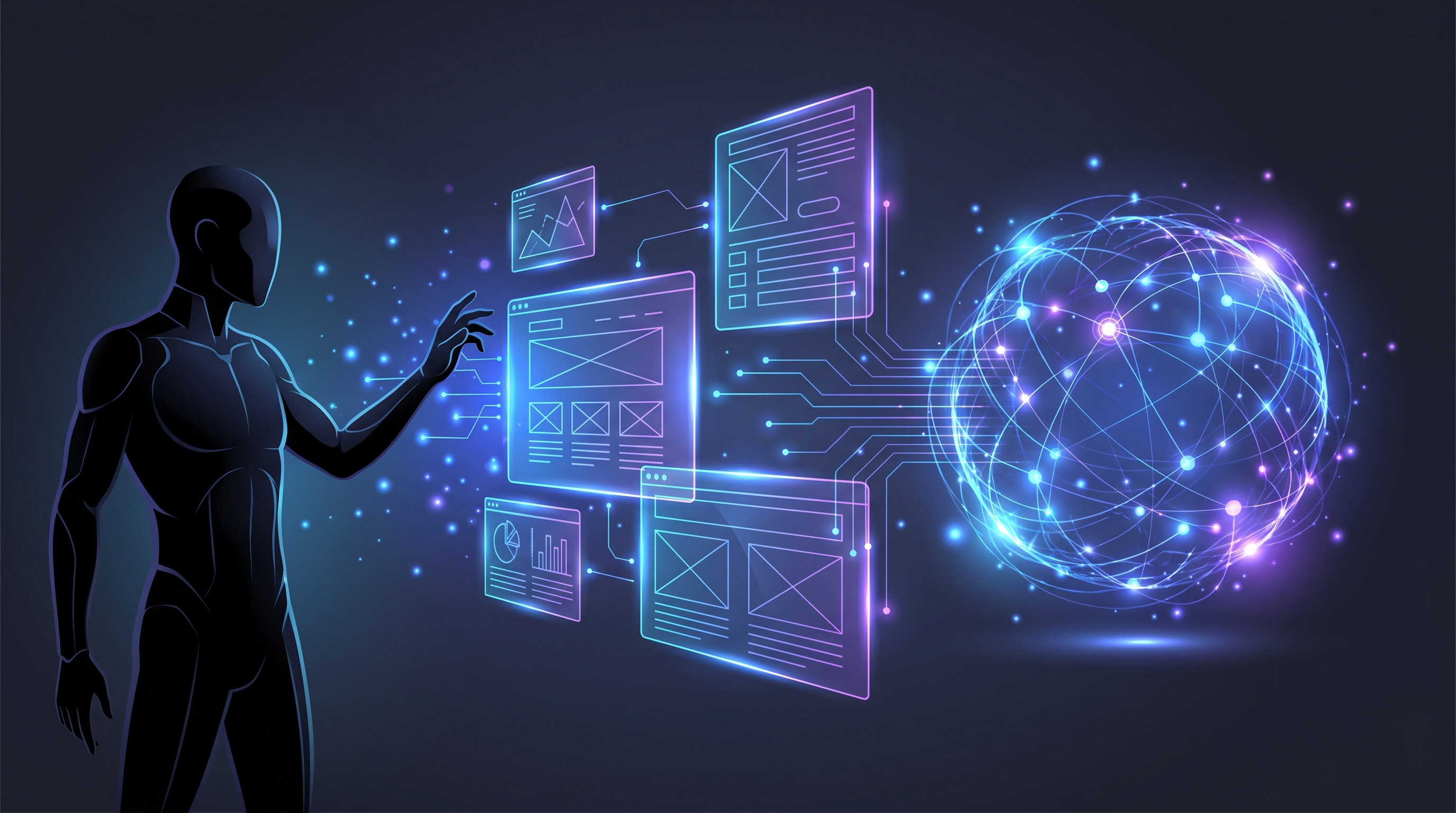 Human web designer collaborating with AI to build a website layout, illustrating whether AI will replace web designers