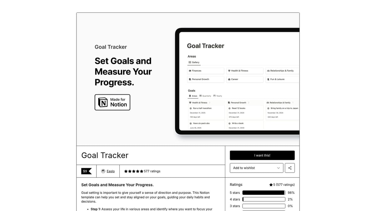 9 Inspiring Notion Goal Tracker Ideas to Try in 2026 - Goal Tracker by Easlo