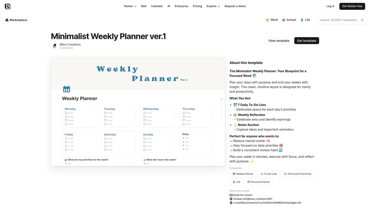 10 Best Weekly Planner Notion Templates to Organize 2026 - Minimalist Weekly Planner ver.1 by Maro Creations
