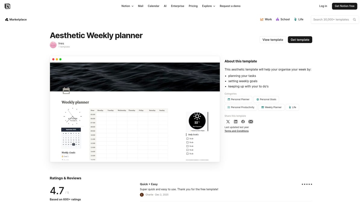 10 Best Weekly Planner Notion Templates to Organize 2026 - Aesthetic Weekly Planner by Ines
