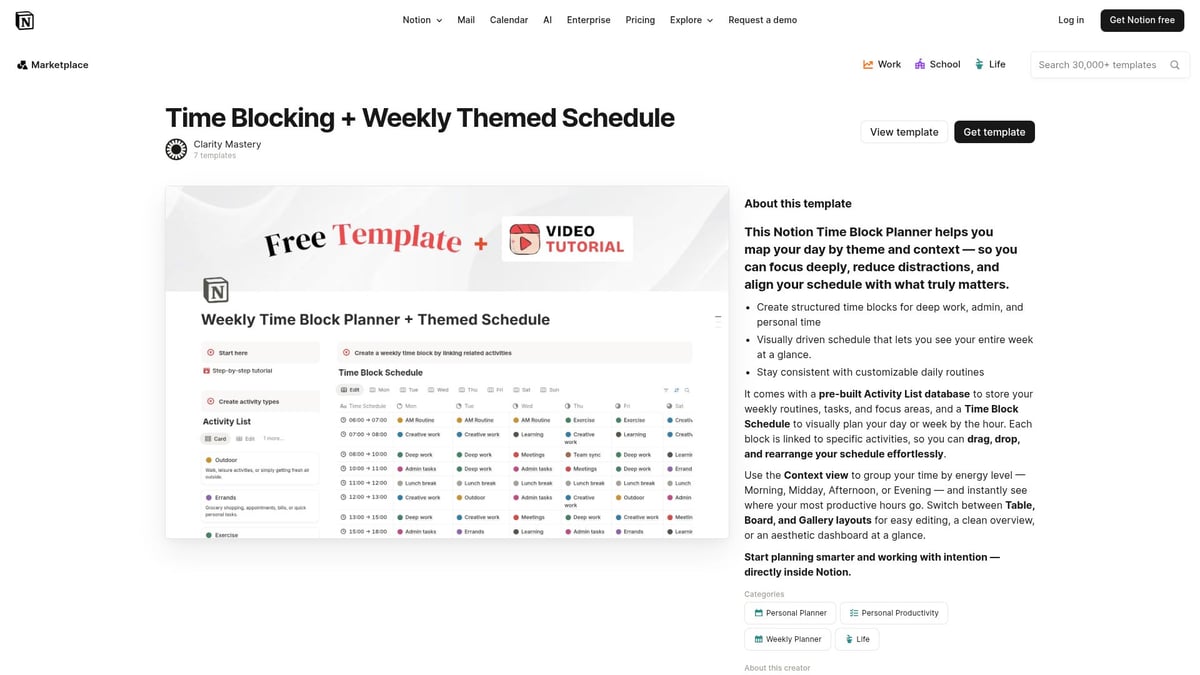 10 Best Weekly Planner Notion Templates to Organize 2026 - Time Blocking + Weekly Themed Schedule by Clarity Mastery