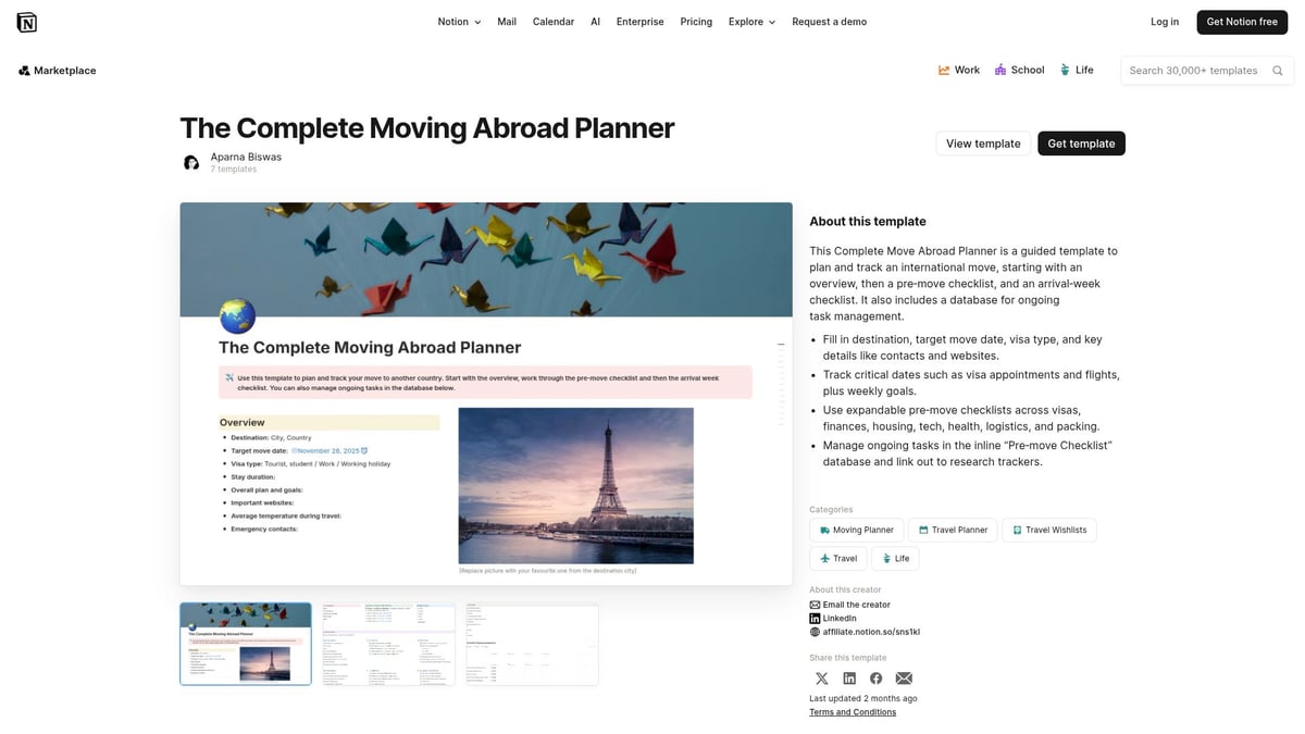 7 Best Travel Plan Notion Templates for 2026 Adventures - The Complete Moving Abroad Planner by Aparna Biswas (Free)