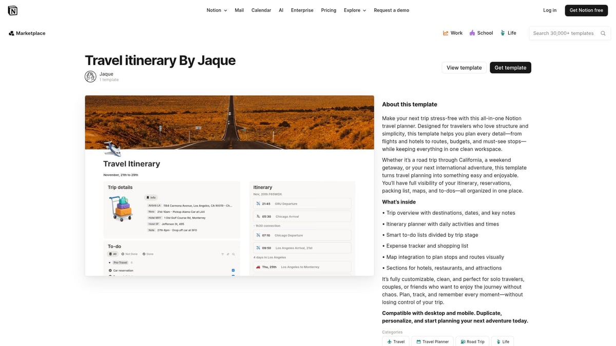 7 Best Travel Plan Notion Templates for 2026 Adventures - Travel itinerary By Jaque (Free)