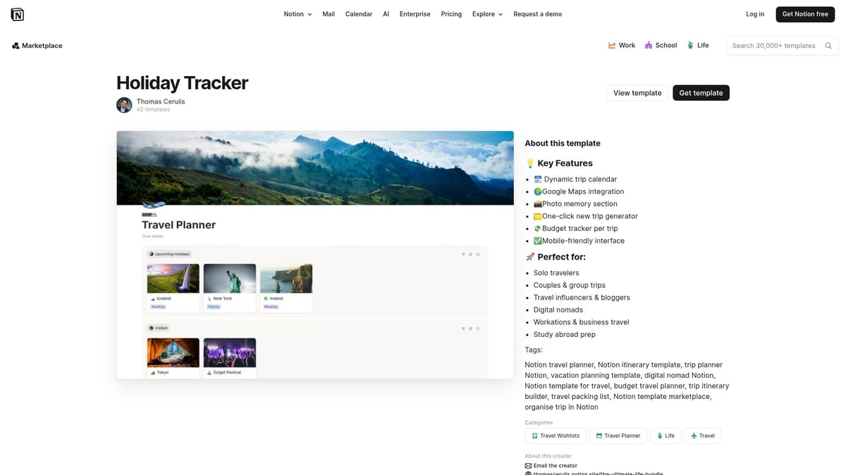 7 Best Travel Plan Notion Templates for 2026 Adventures - Holiday Tracker by Thomas Cerulis (Free)
