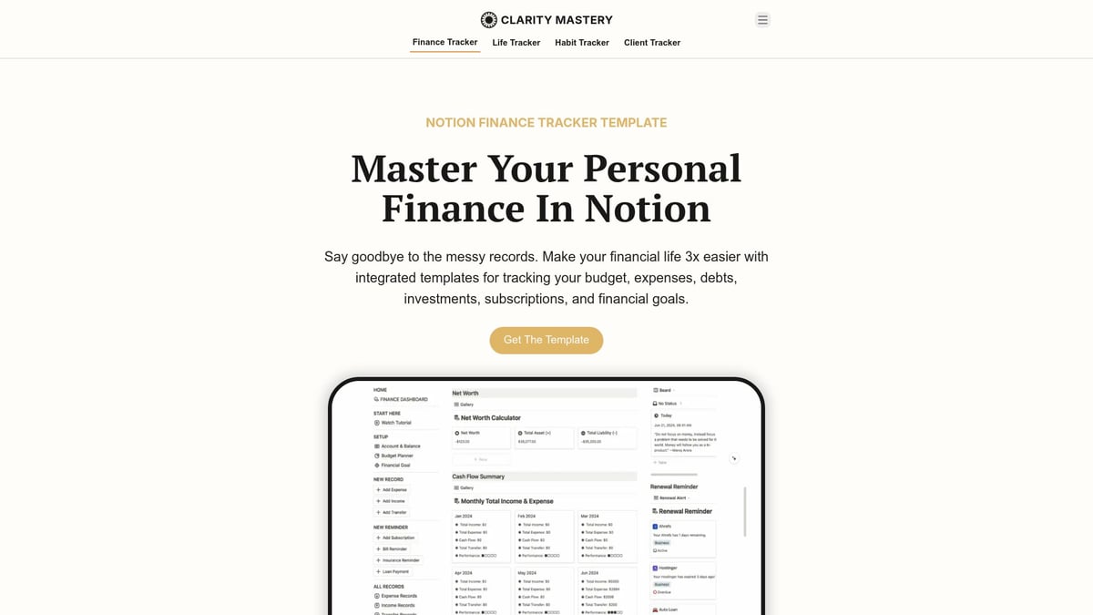 6 Inspiring Notion Life Dashboard Ideas to Try in 2026 - Ultimate Finance Tracker by Clarity Mastery