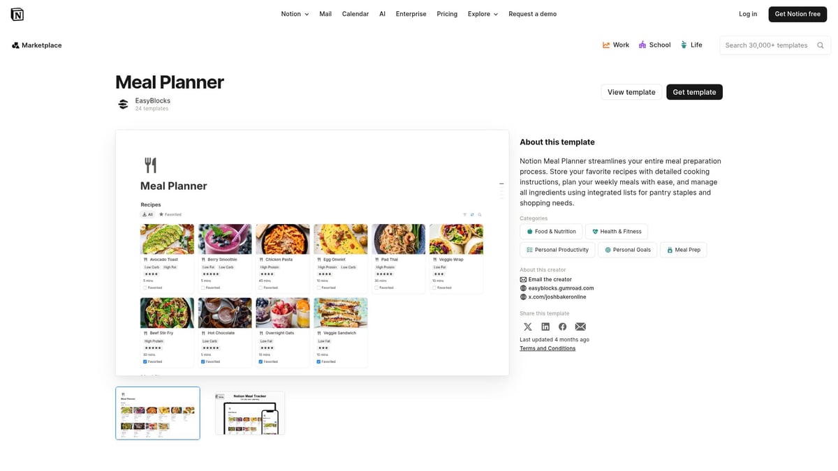 7 Best Notion Meal Planner Templates Free for 2026 - Meal Planner by EasyBlocks